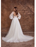 Long Sleeves Ivory Lace Tulle Buttons Back Wedding Dress